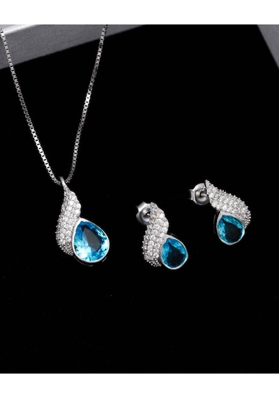 Brezza Lusso Jewelry Deniz Mavisi Damla Model Kanatlı Kadın Kolye Küpe Seti