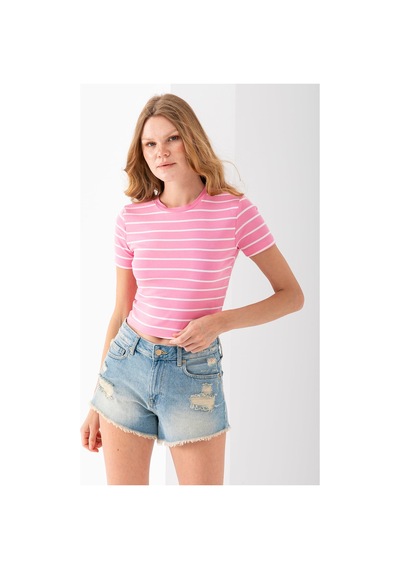 Giysa Kadın Bisiklet Yaka Çizgili Pamuklu Crop T-shirt Pembe Beyaz - 25512 Pembe - Beyaz