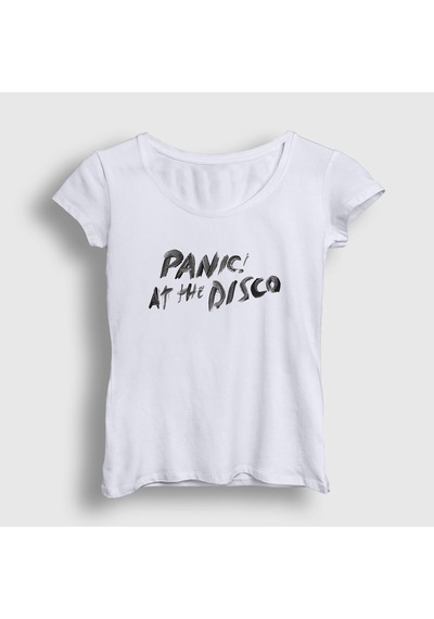 Presmono Kadın Brush Panic At The Disco T-shirt Beyaz