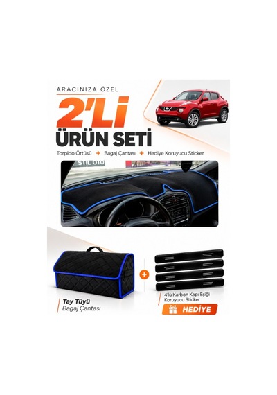 Nissan Juke 2010-2019 Uyumlu Torpido Örtüsü + Tay Tüyü Bagaj Çantası + Sticker Seti - Siyah Mavi