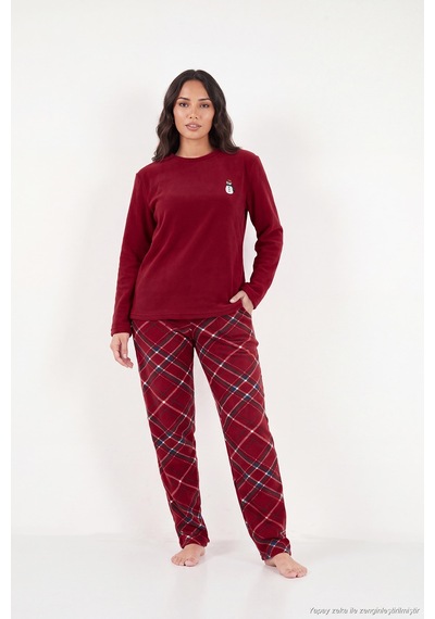 Lela Ekose Desenli Bisiklet Yaka Yumuşak Polar Pijama Takımı Kadın Pijama Takımı 6097059k Bordo