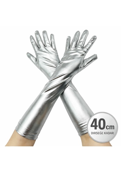 Gümüş Renk Dirsek Altı Lüks Saten Eldiven 40 Cm 5691 "