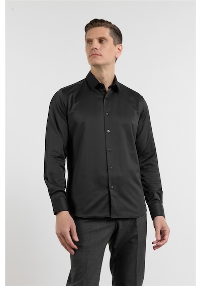 İmza Siyah Sert Yaka Uzun Kol Cepsiz Slim Fit Pamuklu Gömlek 1004255228