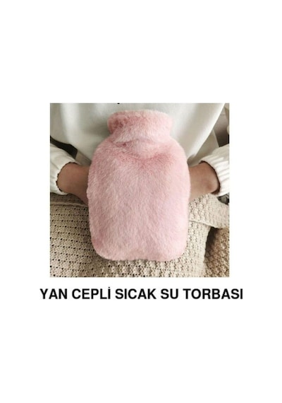 Sıcak Su Torbası Yan Cepli Pembe Peluş Termofor 27x17x2cm 1 Litre Pembe