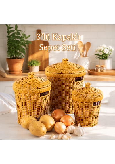 Porsima Pbt-439-2 3lü Hasır Sepet Kapaklı Bambu Sepet Seti Dekoratif Banyo Mutfak Düzenleyici Organizeri Açık Kahverengi