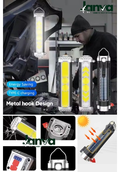 Cam Kırıcı Acil Durum Kablo Sıyırma Çakarlı Usb Şarjlı Kamp El Feneri Işıldak Lamba Led Siyah