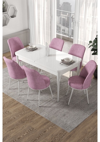 Canisa Kor Serisi, Beyaz Açılabilir 70x114 Yemek Masa Takımı 6 Pembe Sandalye Masa Beyaz Sandalyeler Pembe Canisa Kor Serisi, Beyaz Açılabilir 70x114 Yemek Masa Takımı 6 Pembe Sandalye Masa Beyaz Sandalyeler Pembe