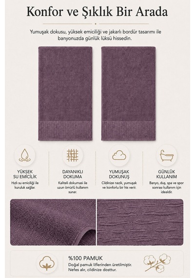 2'li Büyük Boy Banyo Havlusu 90x150 Cm %100 Pamuk Siena Collection 650 Gr Mürdüm