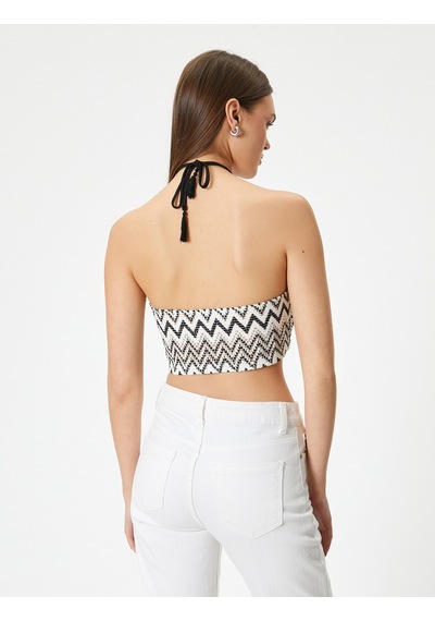 Koton Halter Yaka Kroşe Crop Top Desenli Yandan Fermuarlı Siyah Desenli 4sal30049ık Siyah