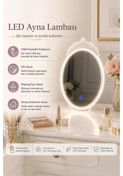 Premium Dekoratif Kristal Elmas Led Işıklı Masa Aynası Lw11 Makyaj Masaüstü Kadın Çok Renkli