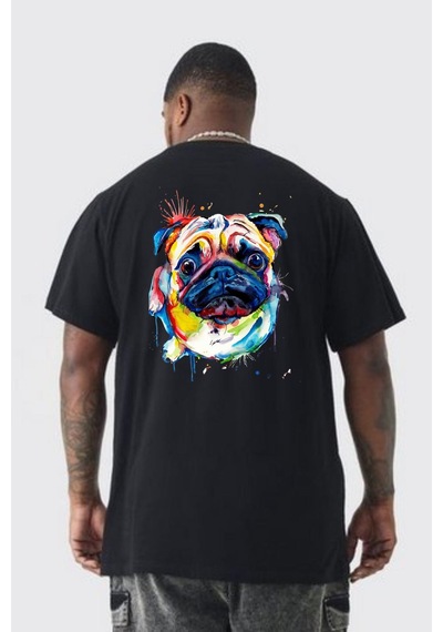 Angemiel Sulu Boya Pug Köpek Büyük Beden Siyah Tişört Kadın Erkek Ünisex Sırt Baskılı Siyah