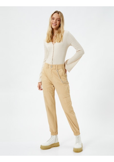 Koton Jogger Gabardin Pantolon Zincir Detaylı Cepli Beli Lastikli Deve Tüyü 4wal40010mw Taba