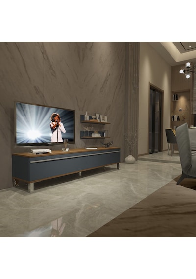 Decoraktiv Eko 4 Mdf Std Krom Ayaklı Tv Ünitesi Tv Sehpası Ceviz - Antrasit