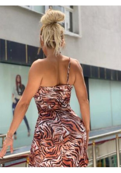 Pink Life Leopar Desenli İnce Askılı Midi Elbise Kahverengi
