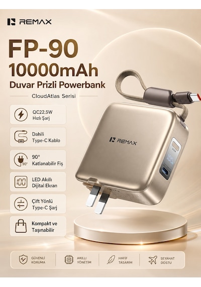 Remax Cloudatlas 10000mah 22.5w Dahili Type-c Kablolu & Katlanır Fişli Powerbank Adaptör Fp-90 Altın