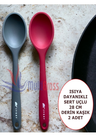 Sert Uçlu Isıya Dayanıklı Silikon 28 Cm Kaşık Gri-fuşya