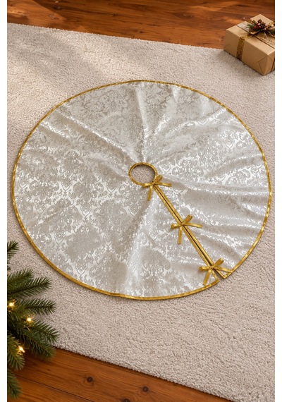 Çam Ağacı Altı Etek Örtüsü 120 Cm Gold Biyeli Beyaz Damask Desenli Yılbaşı Örtüsü
