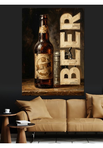 Bira Şişesi Ve Retro Yazı Dekoratif Kanvas - Mdf Ahşap Tablo