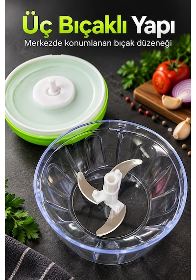 İpli Sebze Doğrayıcı Üç Bıçaklı Şeffaf Hazneli Yeşil