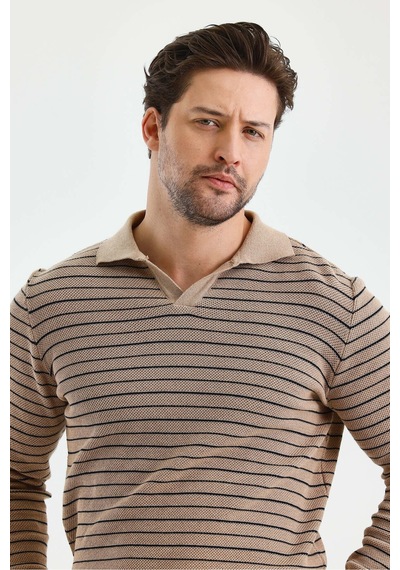 Cool Tarz Erkek Patlı Slim Fit Çizgi Detaylı Uzun Kollu Polo Yaka Triko Kazak Taş Taş