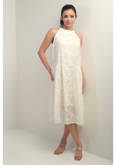 By Saygı Kadın Halter Yaka Bağcıklı Astarlı Nakışlı Midi Elbise Bej By Saygı Kadın Halter Yaka Bağcıklı Astarlı Nakışlı Midi Elbise Bej