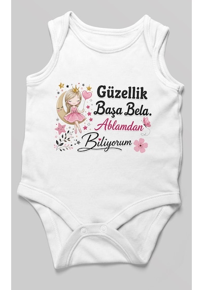 Morivokids Güzellik Başa Bela Ablamdan Biliyorum Sıfır Kol Bebek Zıbını %100 Pamuk Beyaz