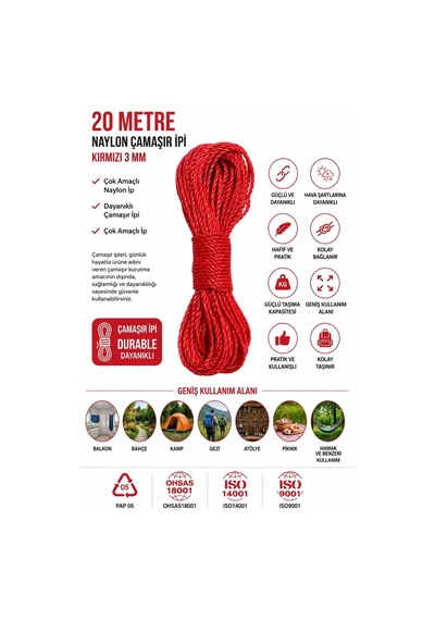20 Metre Kırmızı Naylon İp 3 Mm, Çok Amaçlı Dayanıklı Çamaşır İpi, Kamp Bahçe Balkon Hamak Ve Taşıma Sab Çok Renkli