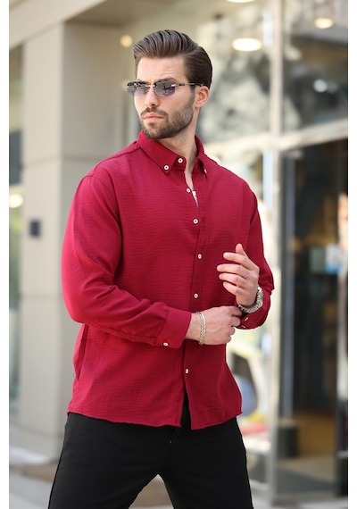 Madmext Bordo Mavisi Uzun Kollu Oversize Erkek Gömlek 6735 Bordo