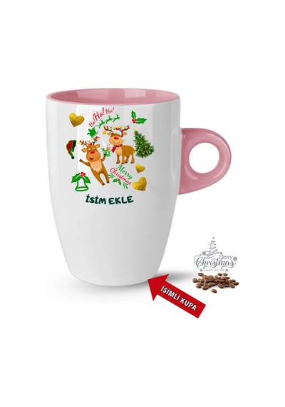 Yılbaşı Hediyesi Noel Kurabiyeleri İsimli Baskılı Porselen Latte Kupa Bardak Pembe Pembe