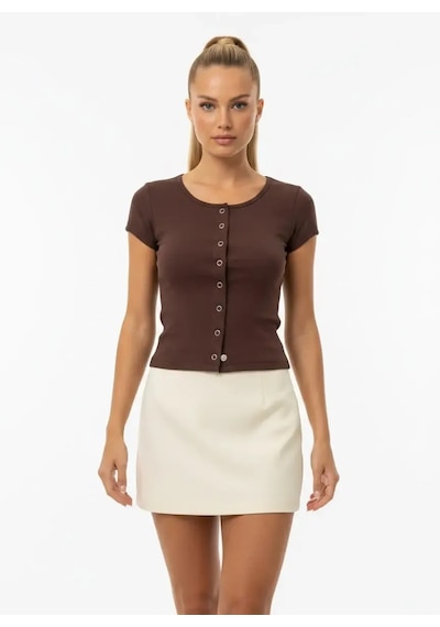 Park Karon Kadın Bisiklet Yaka Çıt Çıt Kapama Slim Fit Viscon Bluz 26038 Kahve