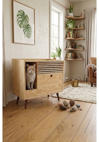 Reyo Pet Nordic Line Tırmalamalı Kapalı Kedi Tuvaleti Tırmalama Alanlı Kedi Tuvalet Dolabı
