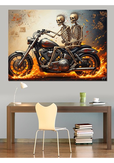 Ahşap Tablo Alevler İçinde Motosikletli İskeletler