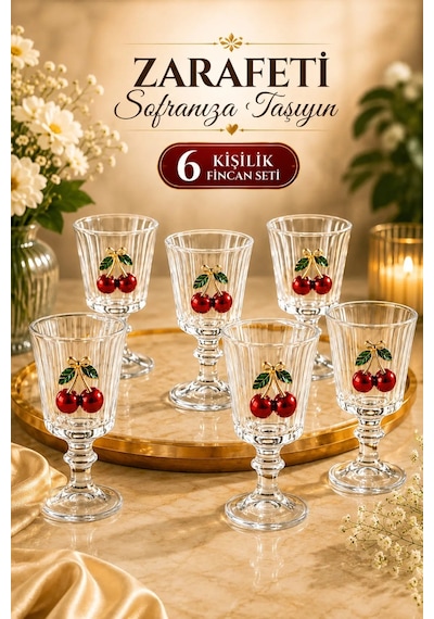 6 Lı Kristal Cam Kahve Yanı Bardağı Kiraz Bardak Kirazlı Flüt 75m