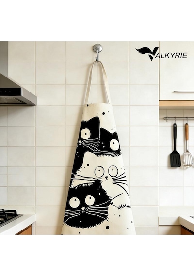 Valkyrie Siyah Beyaz Kedi Desenli Mutfak Önlüğü Cepli Unisex Mutfak Pişirme Temizlik Servis Önlüğü Siyah - Beyaz