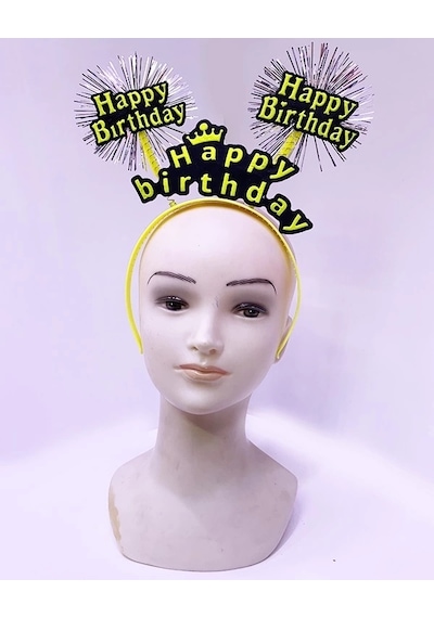 Happy Birthday Püsküllü Neon Sarı Renk Doğum Günü Tacı 22x19 Cm Diğer