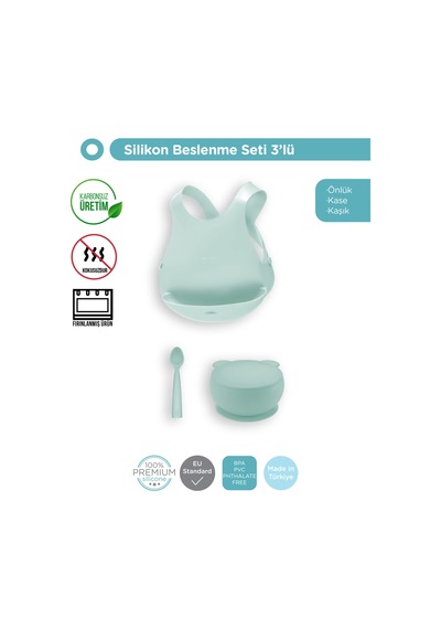 3'lü Set Kapaklı Kase River Green, Nam Nam Kaşık River Green, Mama Önlüğü Yeşil