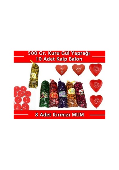 Renkli Kokulu Gül Yaprakları 500 Gr + 10 Kalpli Balon + 8 Kırmızı Mum Diğer