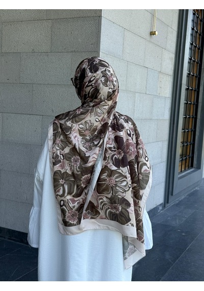 Qalortex Scarf Pamuklu Mimoza Desen Şal- Krem