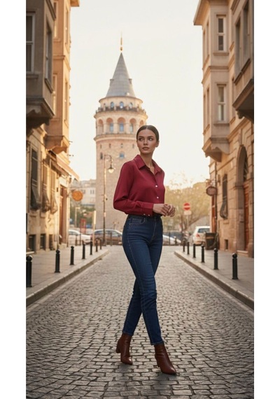 Kadın Saten Gömlek Kırmızı