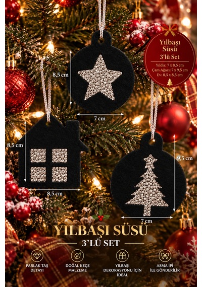 Taşlı Keçe Yılbaşı Süsü 3 Lü Set Çift Taraflı Işıltılı Dekor 4 Renk Seçenekli Siyah