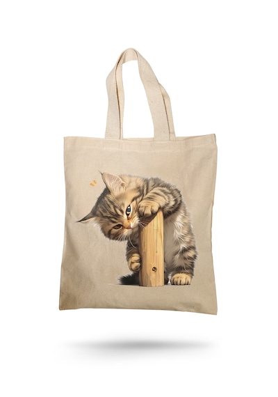Lunora Collectıon Sevimli Kedi Baskılı Ham Bez Çanta Ham Renk