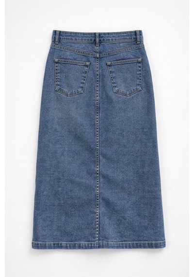 Blue White Önden Düğmeli Yüksek Bel Uzun Mavi Denim Etek
