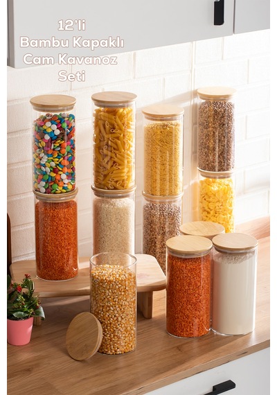Porsima 3-4 Bambu Vakumlu Kapaklı Yuvarlak Cam 12li Kavanoz Seti Saklama Kabı 1650ml 10x25cm