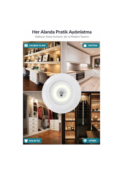 3'lü Set Uzaktan Kumandalı LED Lamba Yapışkanlı Kablosuz Dolap İçi Gece Lambası