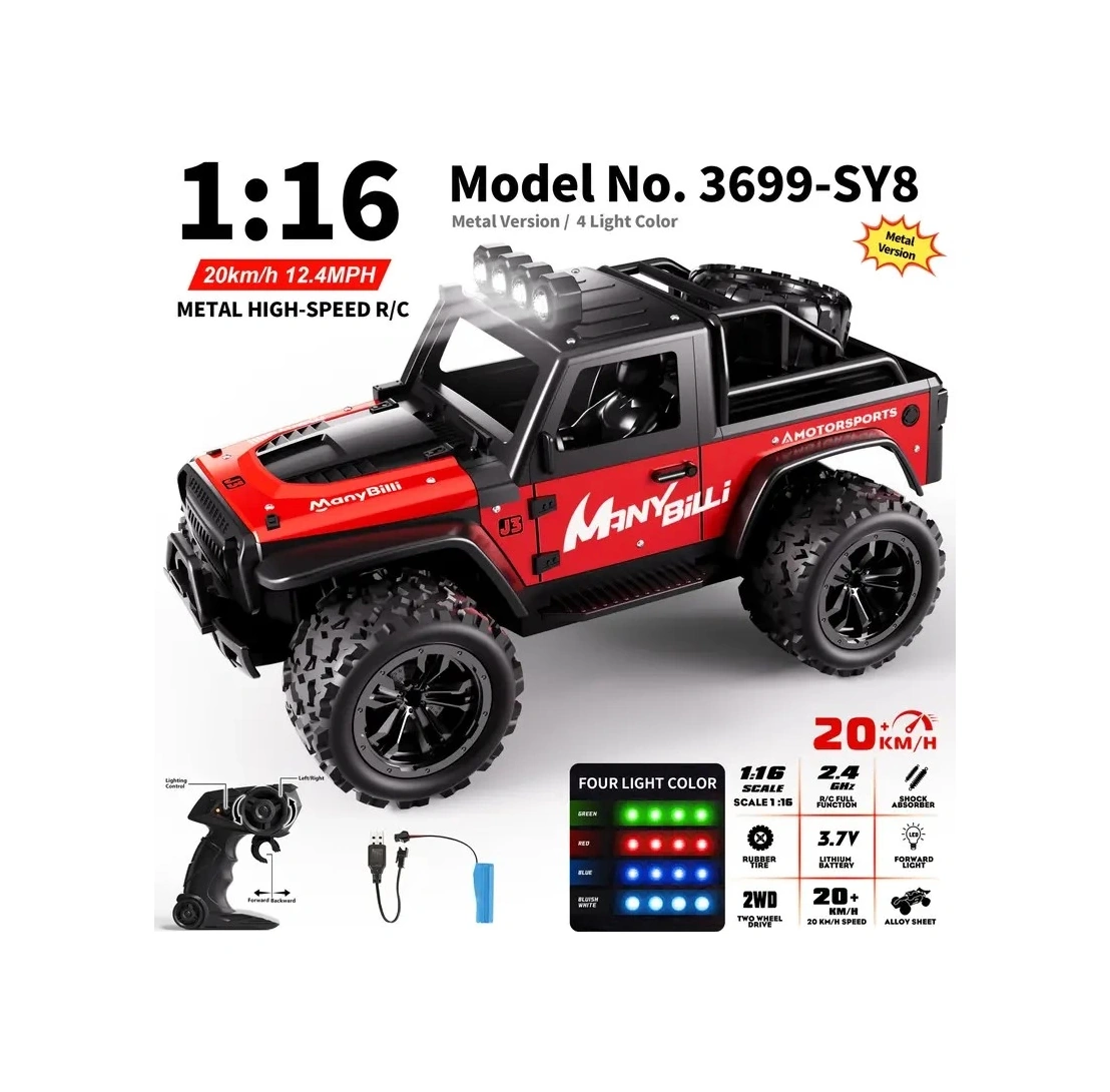 1:16 Off Road Şarjlı Rc Uzaktan Kumandalı Renkli Farlar Kırmızı Arazi Aracı 20 Km/s Hızında Hediyeli