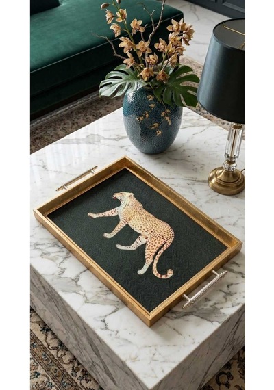 Leopar Desenli Dekoratif Tepsi Gold Çerçeveli Ve Kulplu Çay Kahve & Sunum Tepsisi