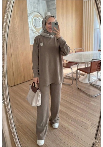 Unika Boutique Fitilli Armalı Detaylı Oversize Kaşkorse Basic Alt Üst Takım Vizon