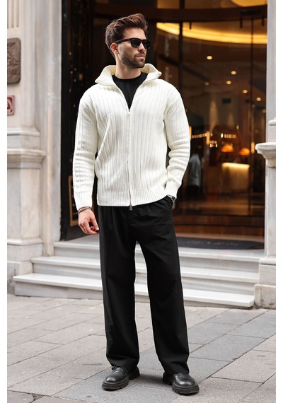 Madmext Kemik Rengi Çift Fermuarlı Slim Fit Çizgili Erkek Triko Hırka E7522