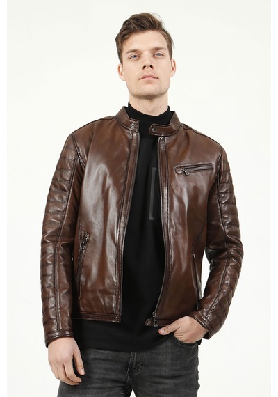 Dericlub Brg Erkek Hakim Yaka Slimfit Hakiki Deri Mont Camel Antik Camel