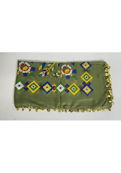 Çengelköy Desenli Pullu Yazma 100x100 Cm Etnik Çiçekli Başörtüsü Çeyizlik Ve Günlük Fıstık Yeşili